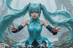 A woman with long blue hair sitting on a rock.