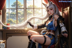 A woman sitting on a chair in front of a window.