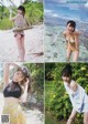 A collage of photos of a woman in a bikini on the beach.